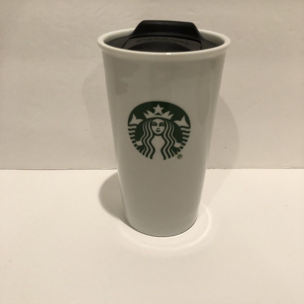 Starbucks Travel Mug 10 Oz White Green Ceramic Cup Lid 2014 - Picture 1 of 6